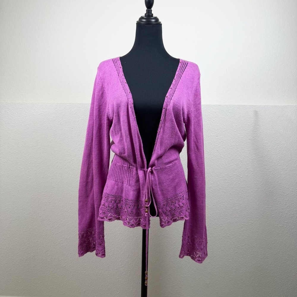 Eddie Bauer Linen/Cotton Purple Beaded Tie-Front Cardigan — Size M